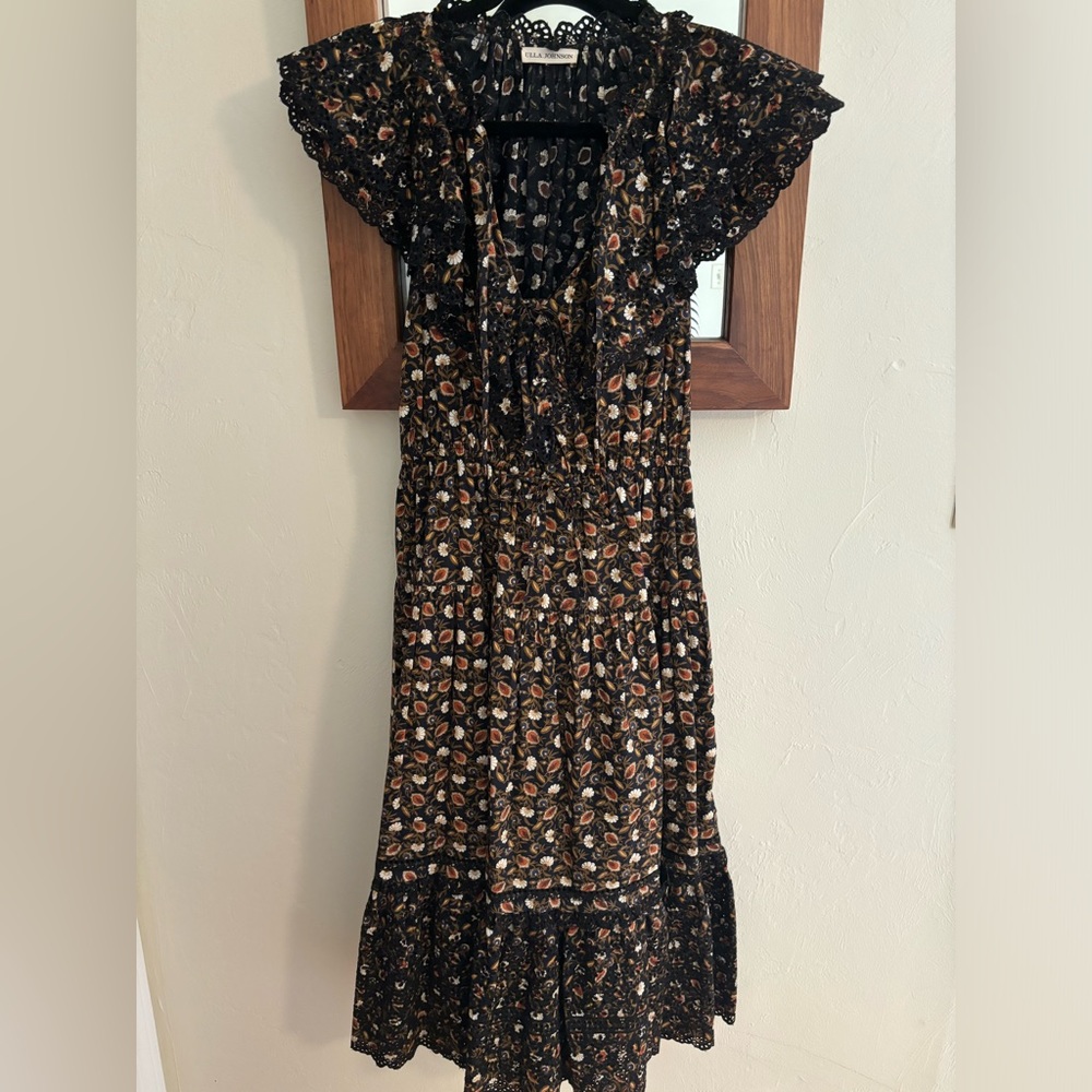 Ulla Johnson Midi Ruffle Floral Yvette Embroidered Cotton Dress